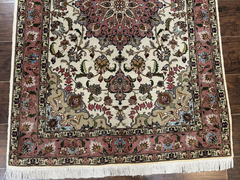 Fine Persian Tabriz Rug 3x5, Floral Medallion, 340 KPSI, Ivory Salmon by Jewel Rugs