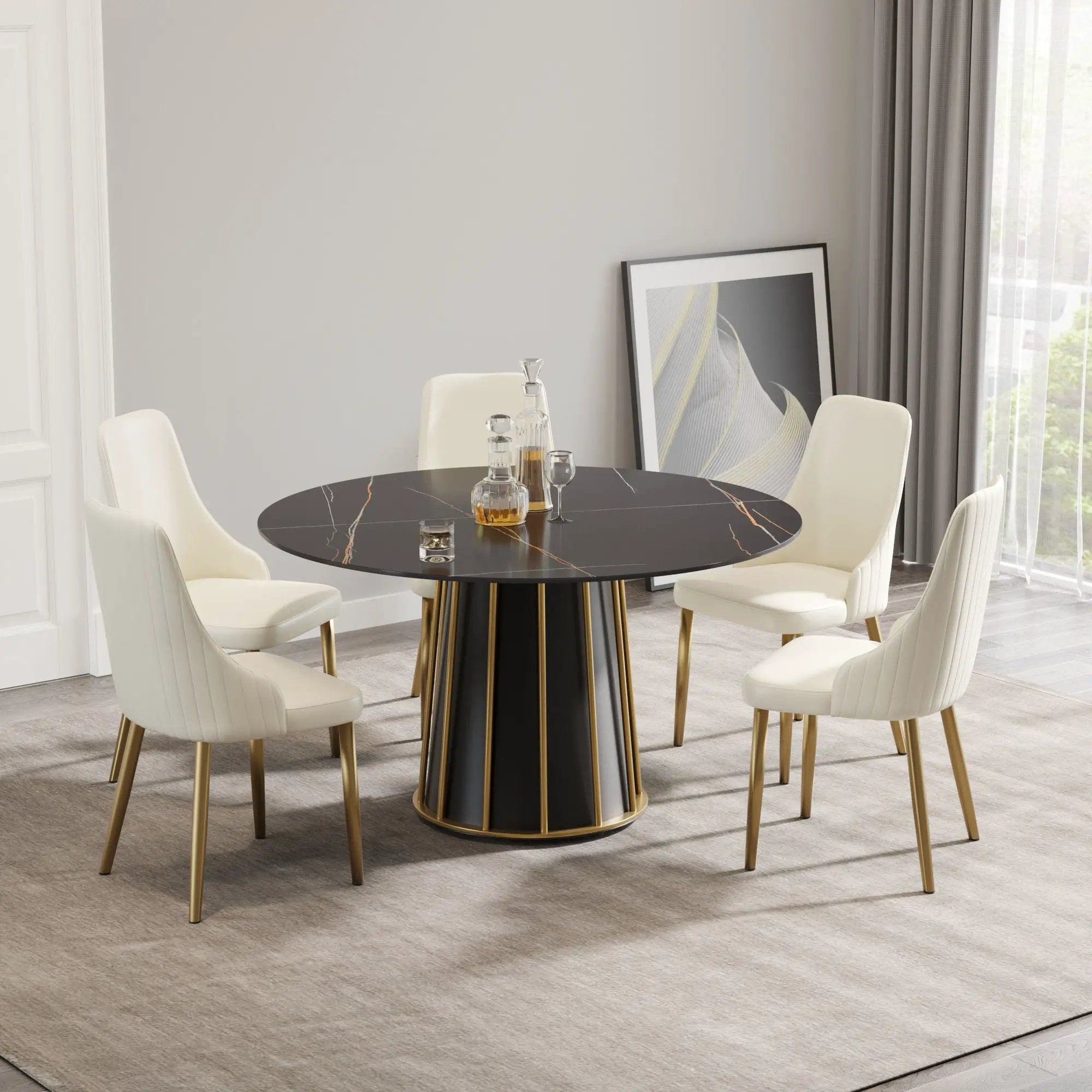 Modern Artificial Stone Round Metal Iron Base Dining Table, Can Accommodate 6 People (Not Including Chairs.) - Black by HouseOfZazla