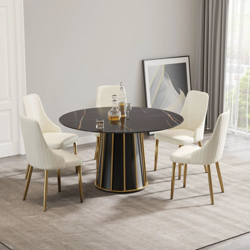 Modern Artificial Stone Round Metal Iron Base Dining Table, Can Accommodate 6 People (Not Including Chairs.) - Black by HouseOfZazla