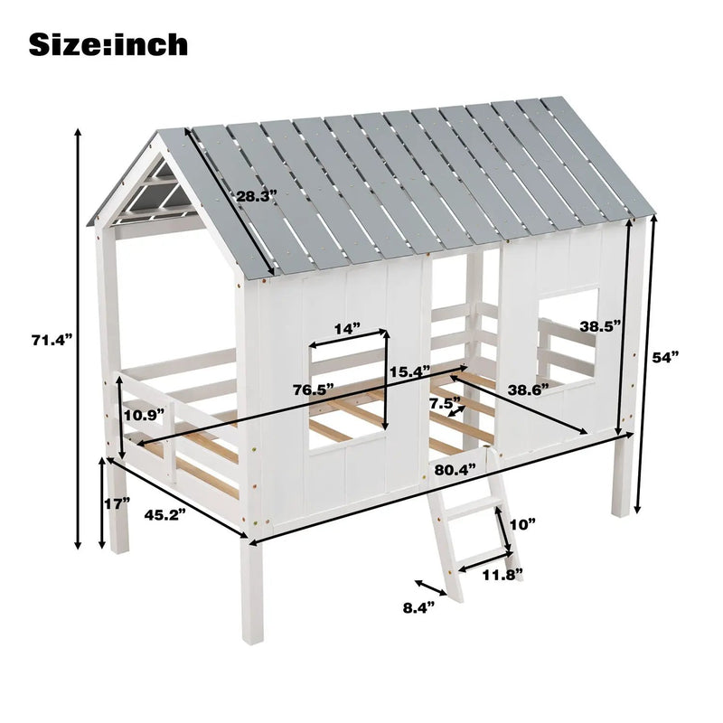 Twin Size Low Loft House Bed With Roof And 2 Front Windows - White by Unique Piece Furniture