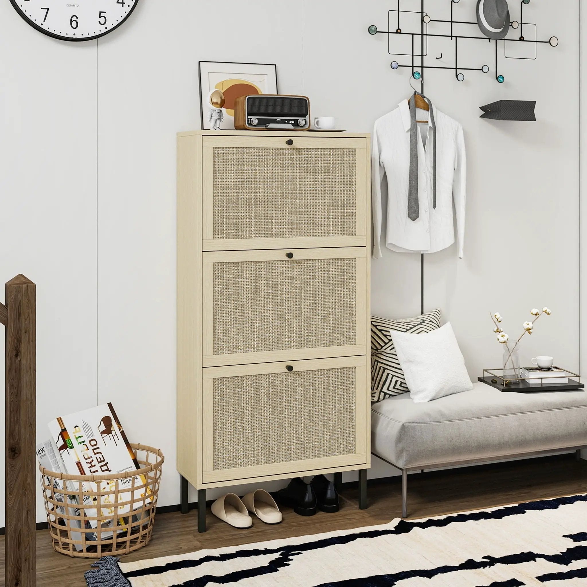 Modern Rattan 3 Door Shoe Rack Cabinet for Entryway by HouseOfZazla