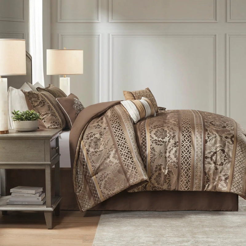 7 Piece Jacquard Comforter Set Brown/Gold Queen by HouseOfZazla