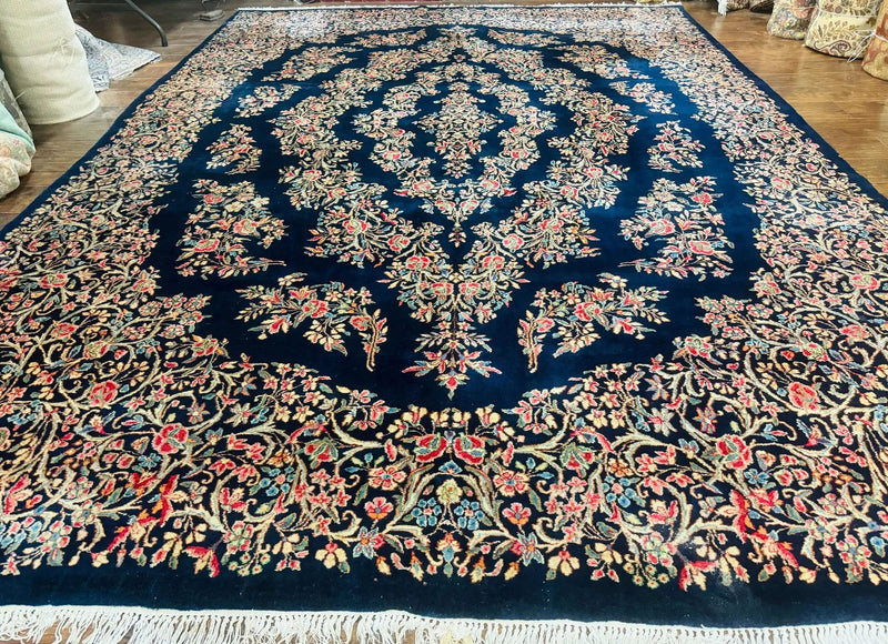 Antique Persian Kerman Rug 10x13, Navy Blue Floral Carpet, Fine 270 KPSI by Jewel Rugs
