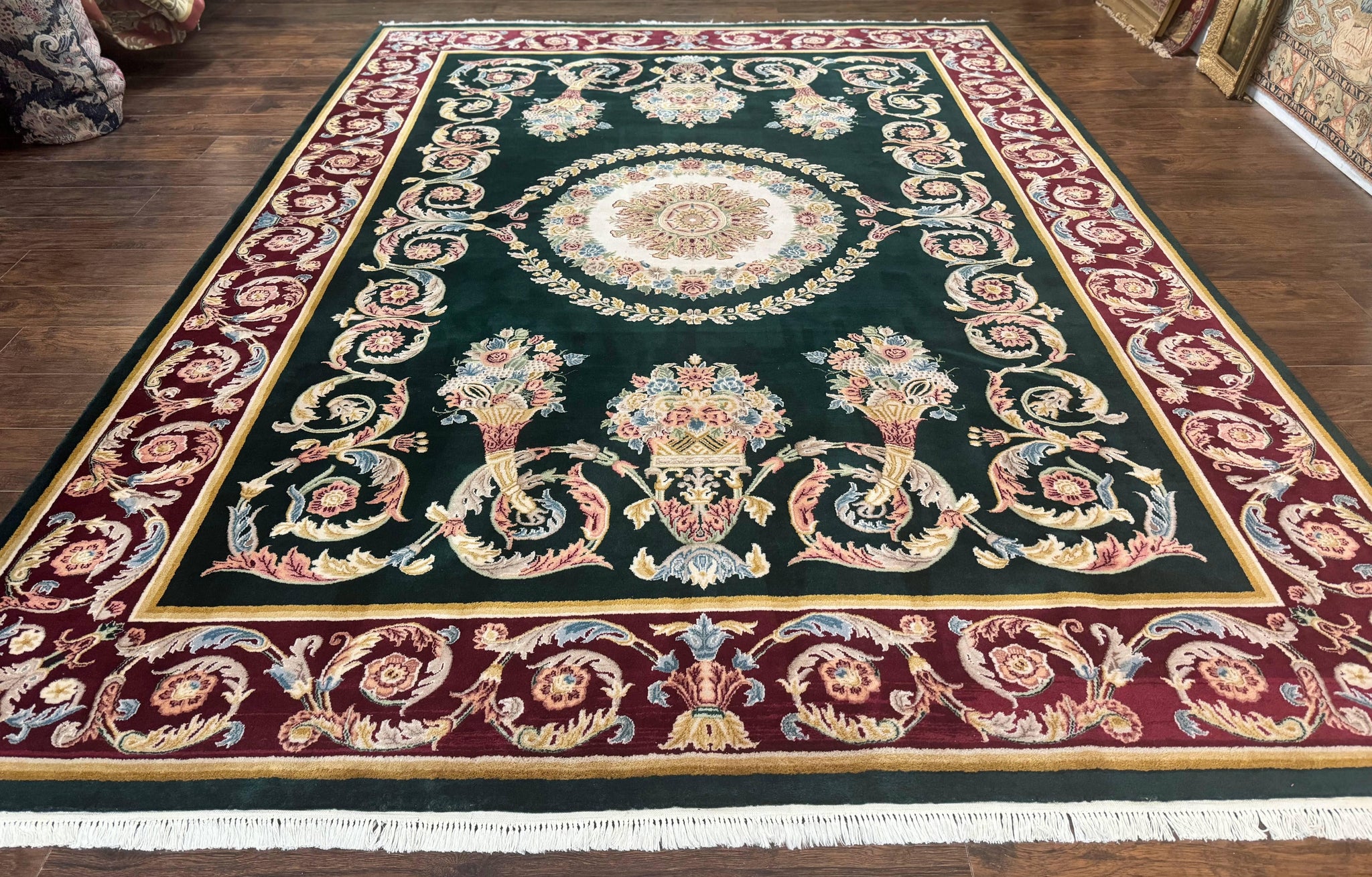 Aubusson Rug 9x12, Dark Green, European Design, Vintage Fine Handmade Carpet, Elegant by Jewel Rugs