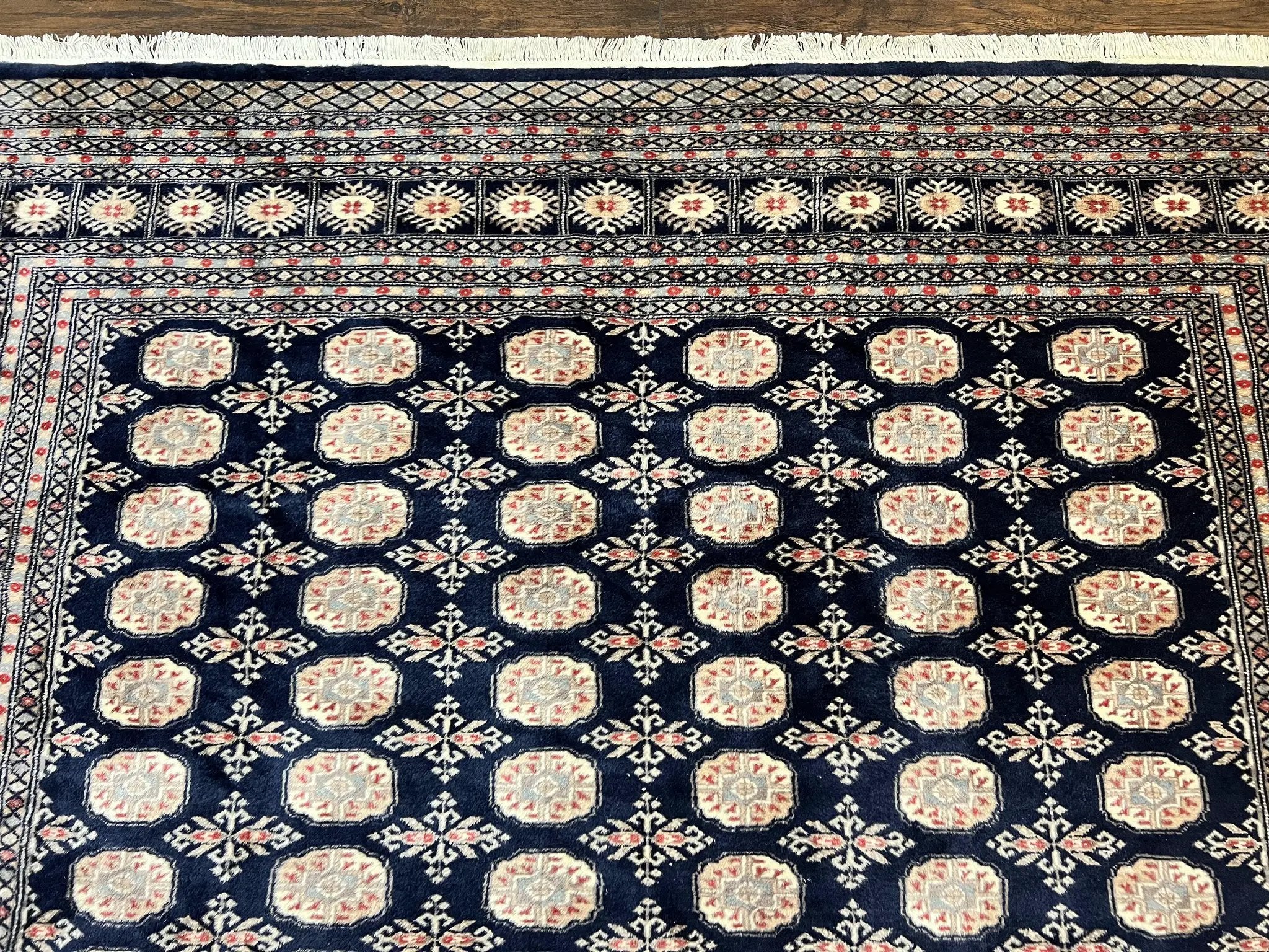 Pakistani Bokhara Rug 8x10, Turkoman Carpet, Dark Blue and Beige, Vintage Handmade Wool Carpet by Jewel Rugs