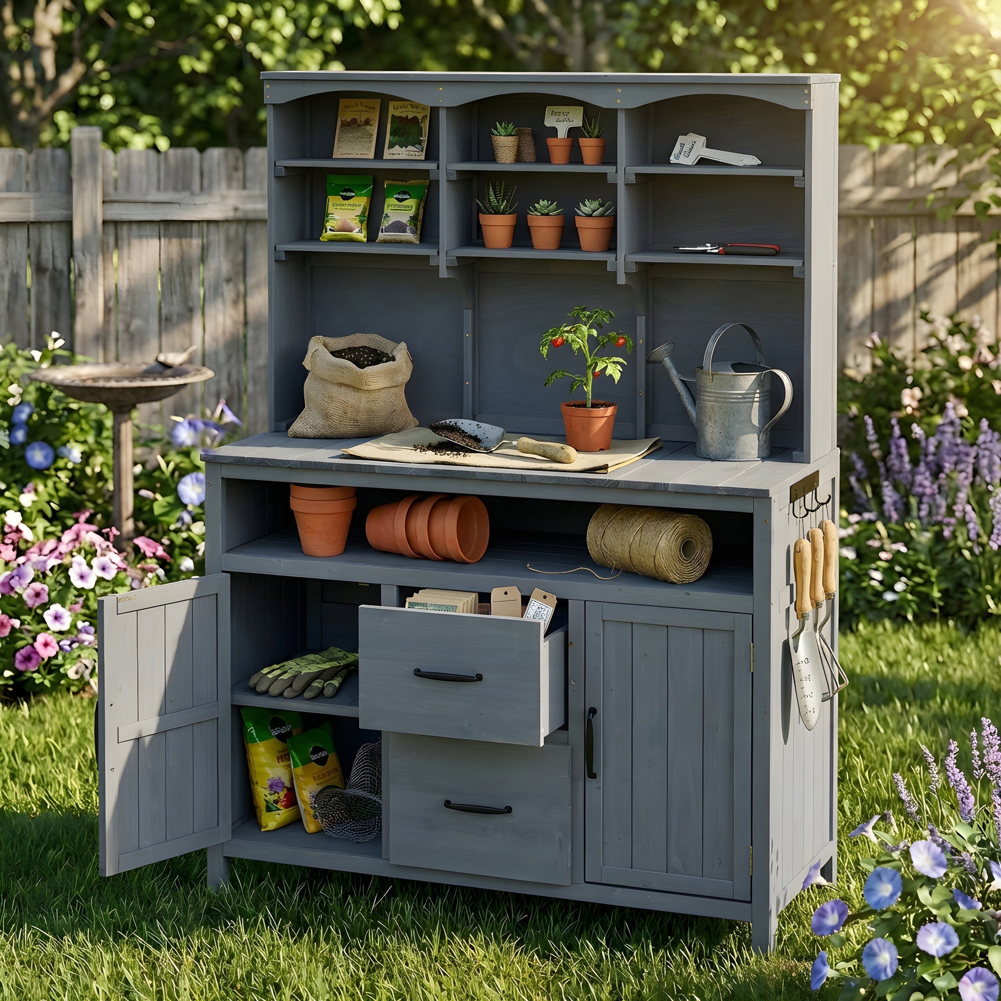 TOPMAX Large Fir Wood Potting Bench with Hutch and Storage