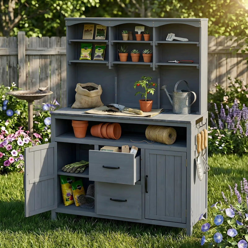 TOPMAX Large Fir Wood Potting Bench with Hutch and Storage