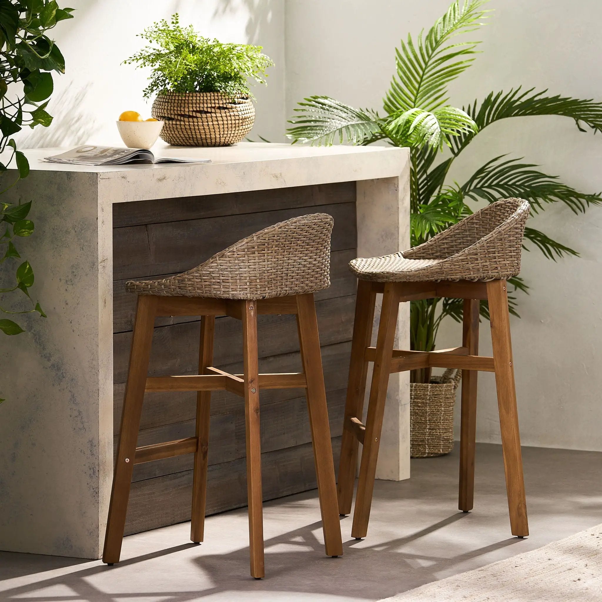 Beeson Outdoor Wicker and Acacia Wood Barstools Set, Water Resistant - Brown by HouseOfZazla