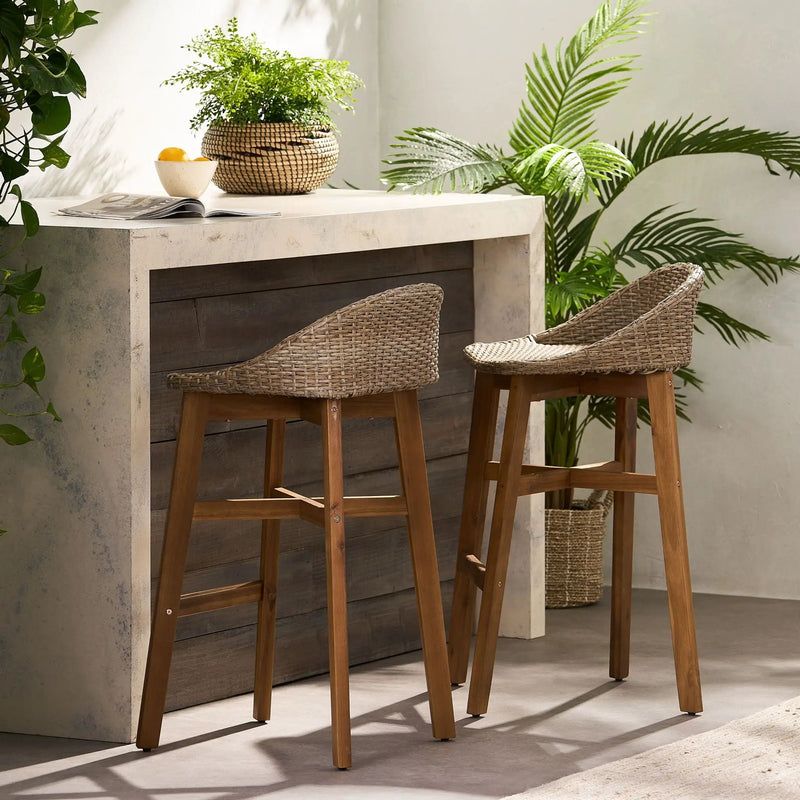Beeson Outdoor Wicker and Acacia Wood Barstools Set, Water Resistant - Brown by HouseOfZazla