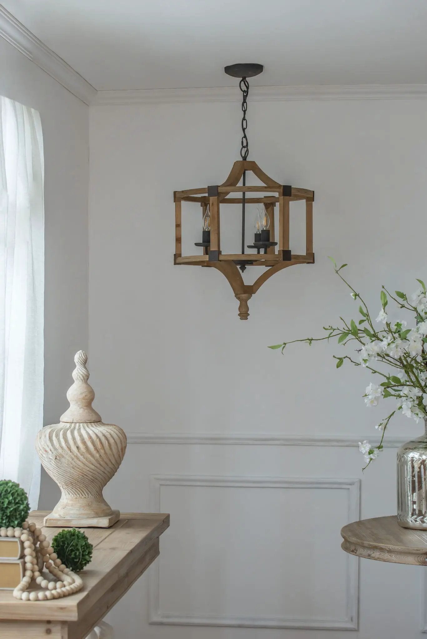3 Light Wood Drum Chandelier, Hanging Light Fixture With Adjustable Chain For Kitchen, Bulb Not Included - Brown by HouseOfZazla