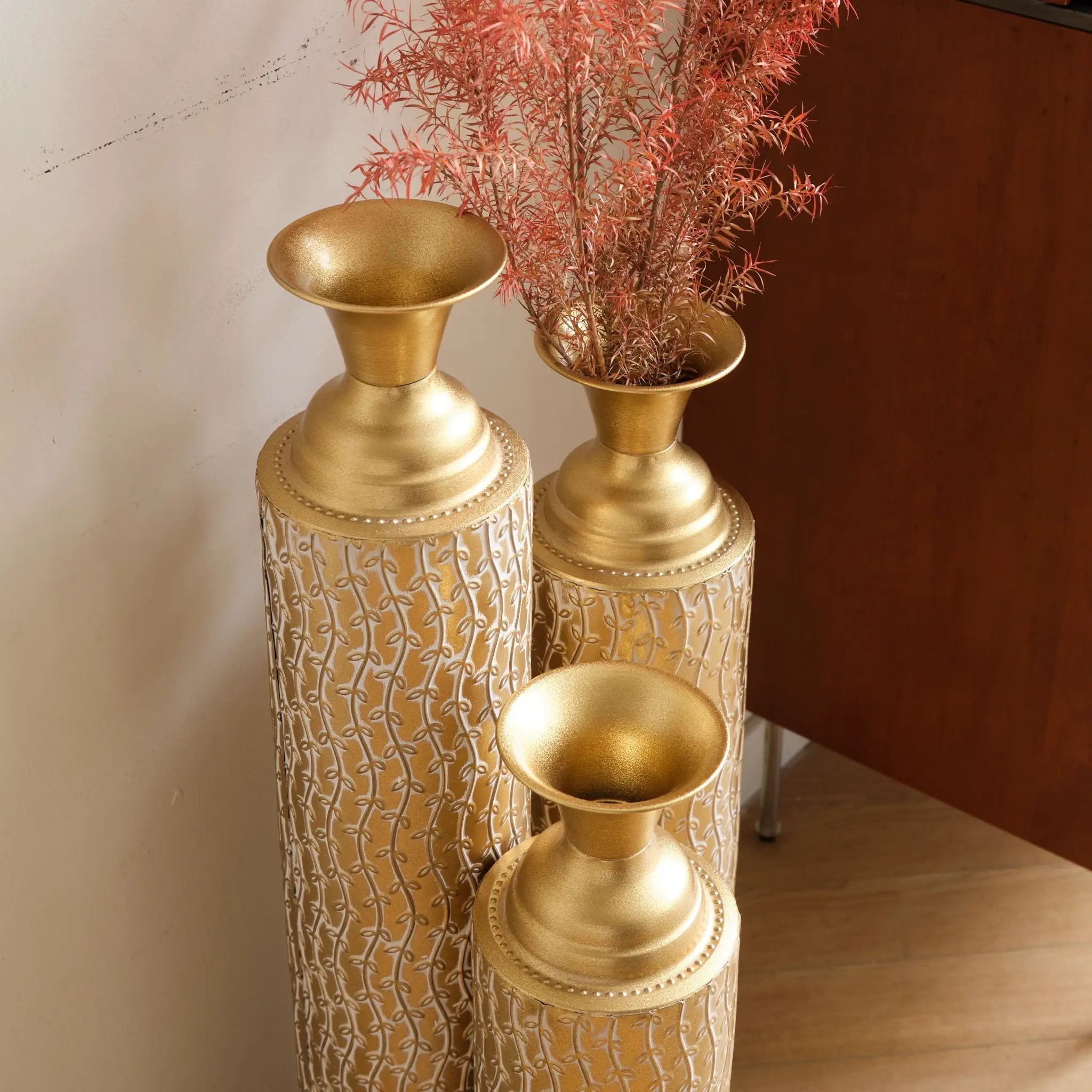 Metal Decorative Vases High Distress Metal Center Vases With Growing Vine Patterns, (Set of 3) Vases For Home Decoration - Gold by Unique Piece Furniture