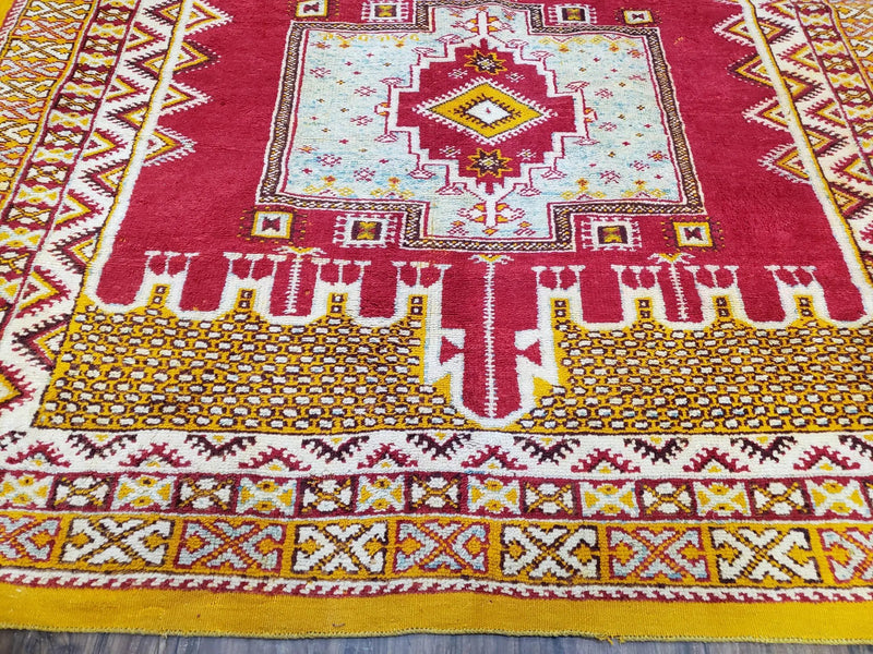Vintage Moroccan Rug 6x10, Red and Yellow Moroccan Carpet, Handmade Bohemian Tribal Area Rug, Hand-Knotted 1970s Wool Rug, Medalions by Jewel Rugs