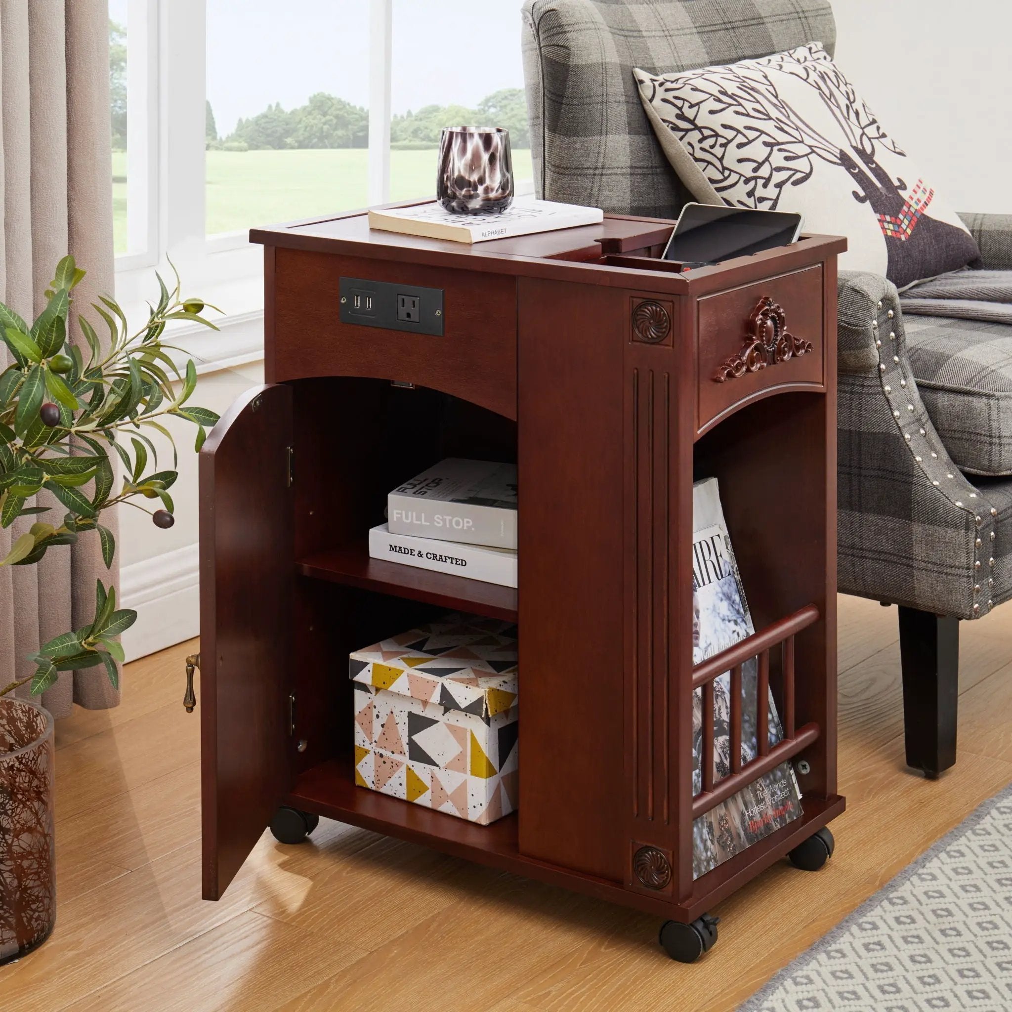 Traditional End Table With Charging Station, Narrow Side Table With USB Ports And Outlets - Red Walnut by HouseOfZazla