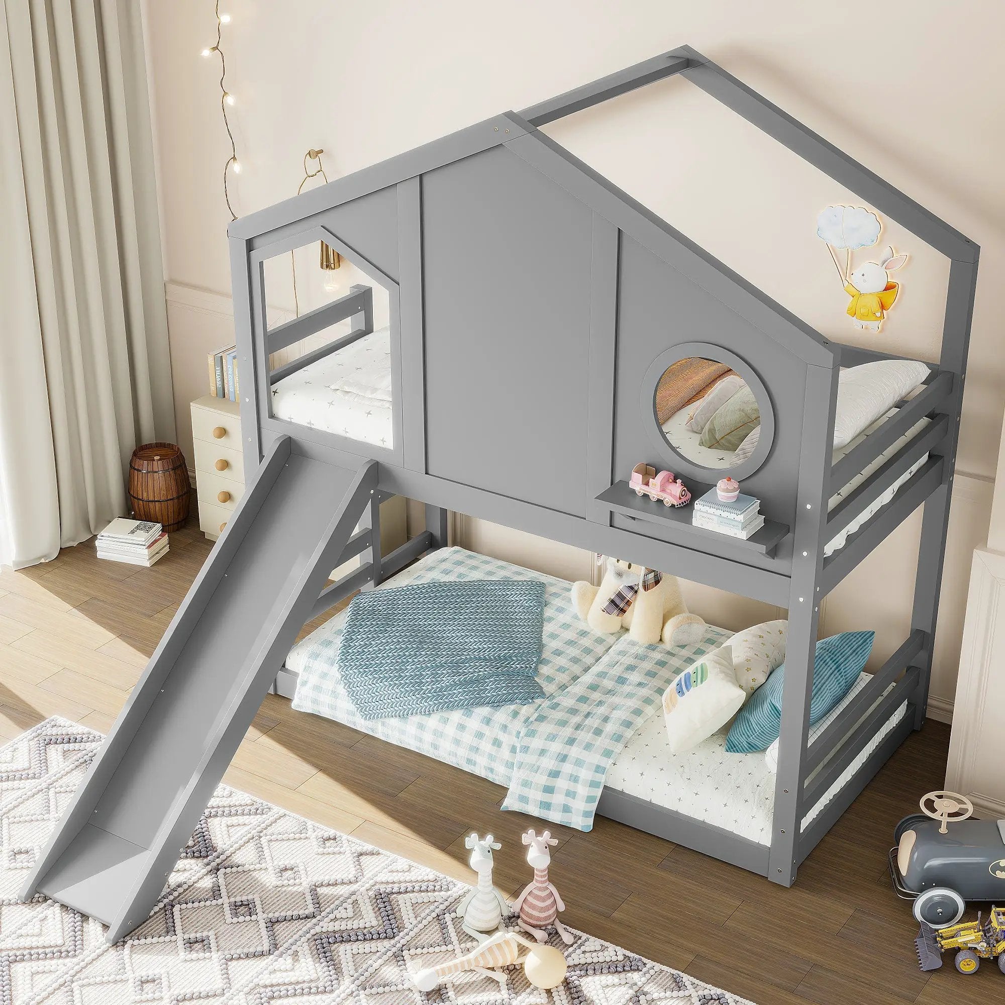 Twin House Bunk Bed with Slide and Storage Shelves by HouseOfZazla