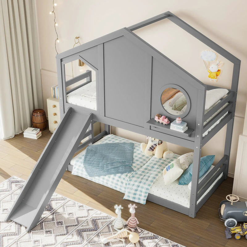 Twin House Bunk Bed with Slide and Storage Shelves by HouseOfZazla