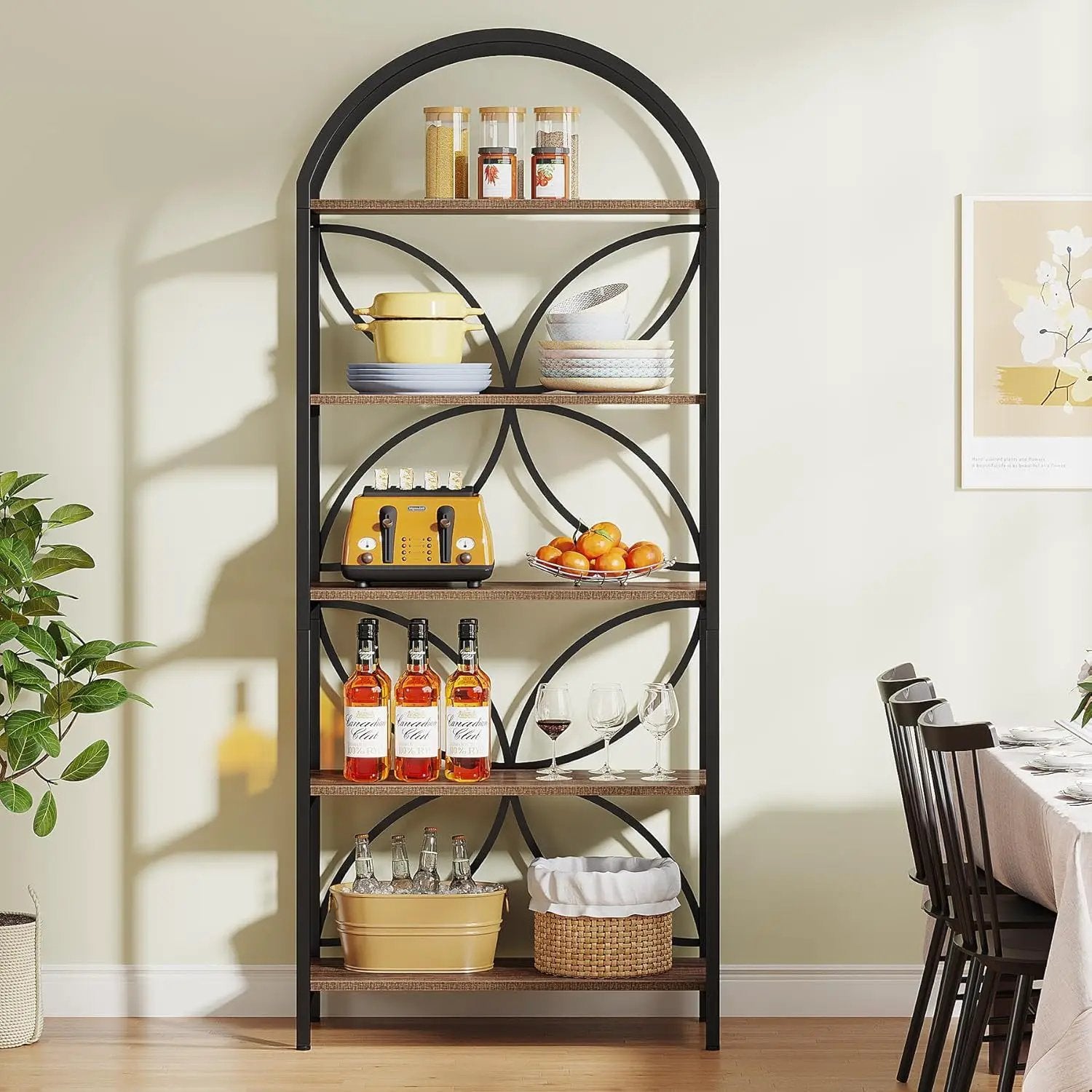 Tall 5 Tier Arched Bookshelf With Shelves For Living Room - Rustic Brown by HouseOfZazla