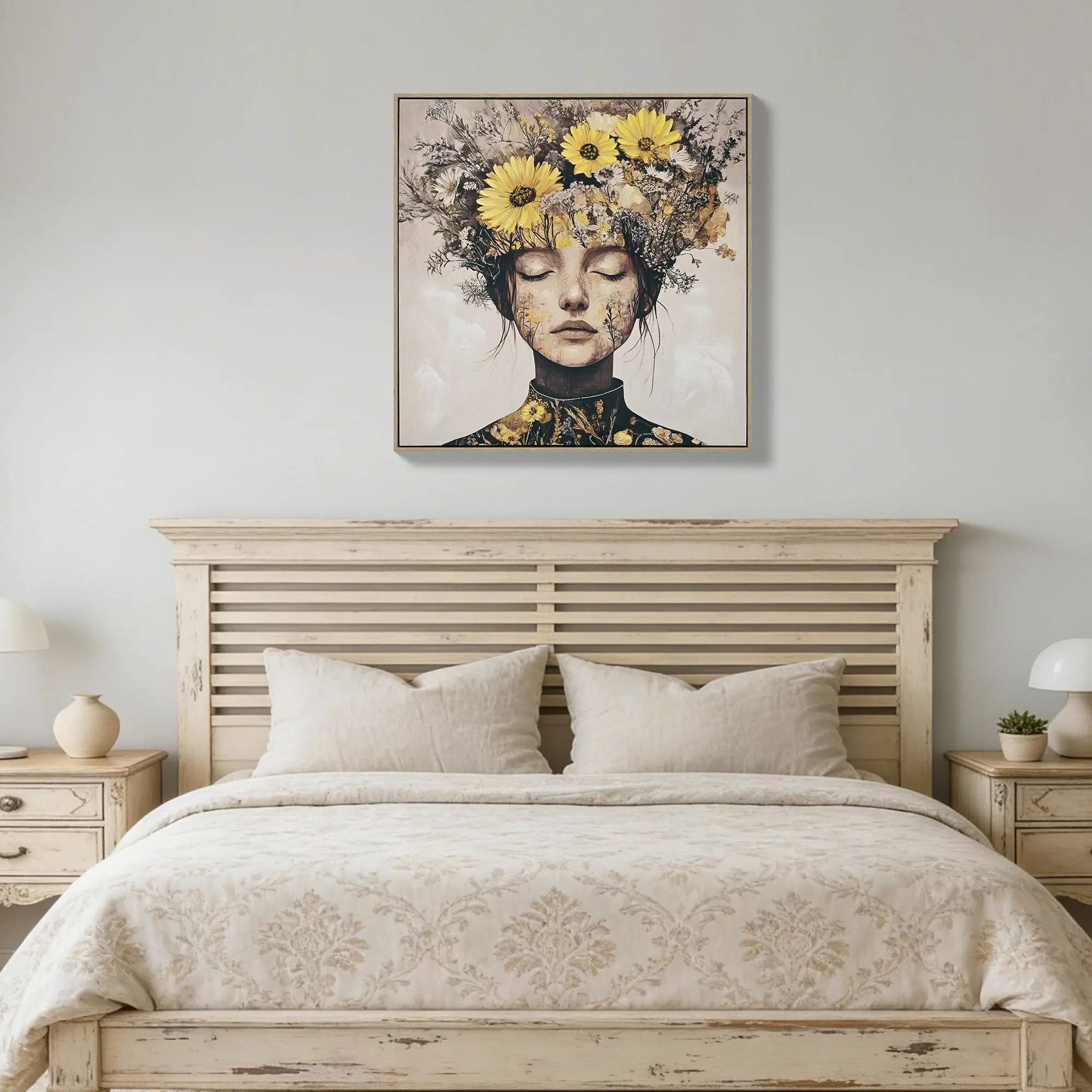 Beauty Lady Wall Art Gold and White Floral Canvas Artwork 24x24 Inch by HouseOfZazla