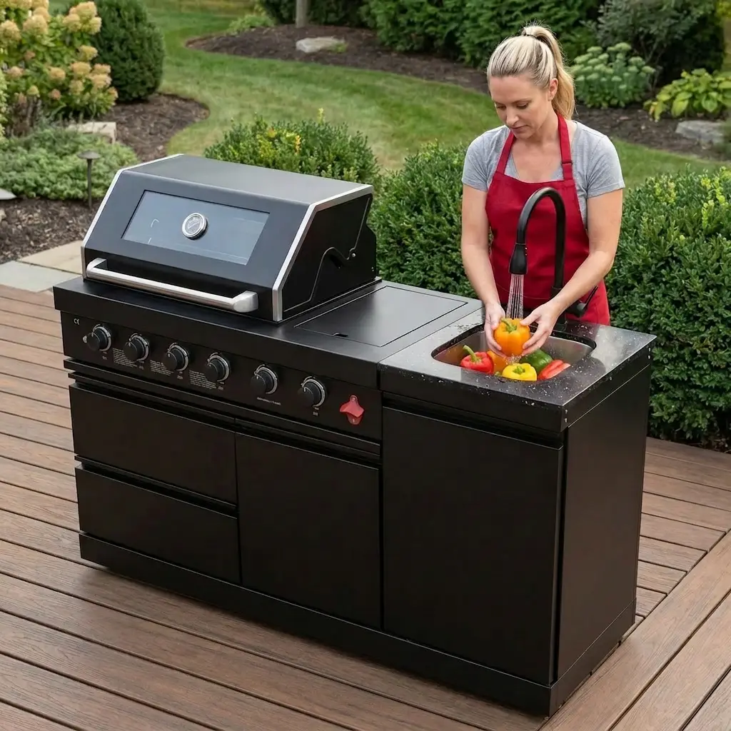 65" 4-Burner 72,000 BTU Black Outdoor Kitchen Island Grill + Round Side Burner by Chery Industrial