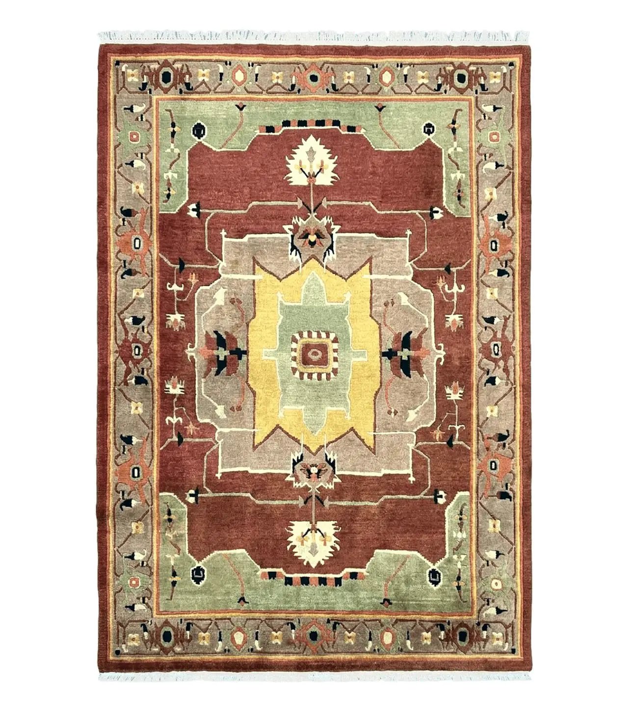 Tibetan Rug 7x10, Geometric Medallion, Red Green Taupe, Hand Knotted, Soft Wool Area Rug, Contemporary Carpet, Handmade Nepali Rug 7 x 10 ft by Jewel Rugs