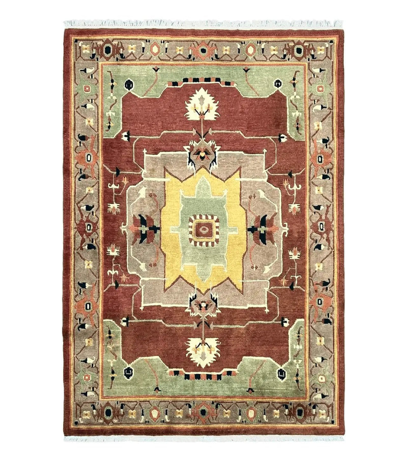 Tibetan Rug 7x10, Geometric Medallion, Red Green Taupe, Hand Knotted, Soft Wool Area Rug, Contemporary Carpet, Handmade Nepali Rug 7 x 10 ft by Jewel Rugs