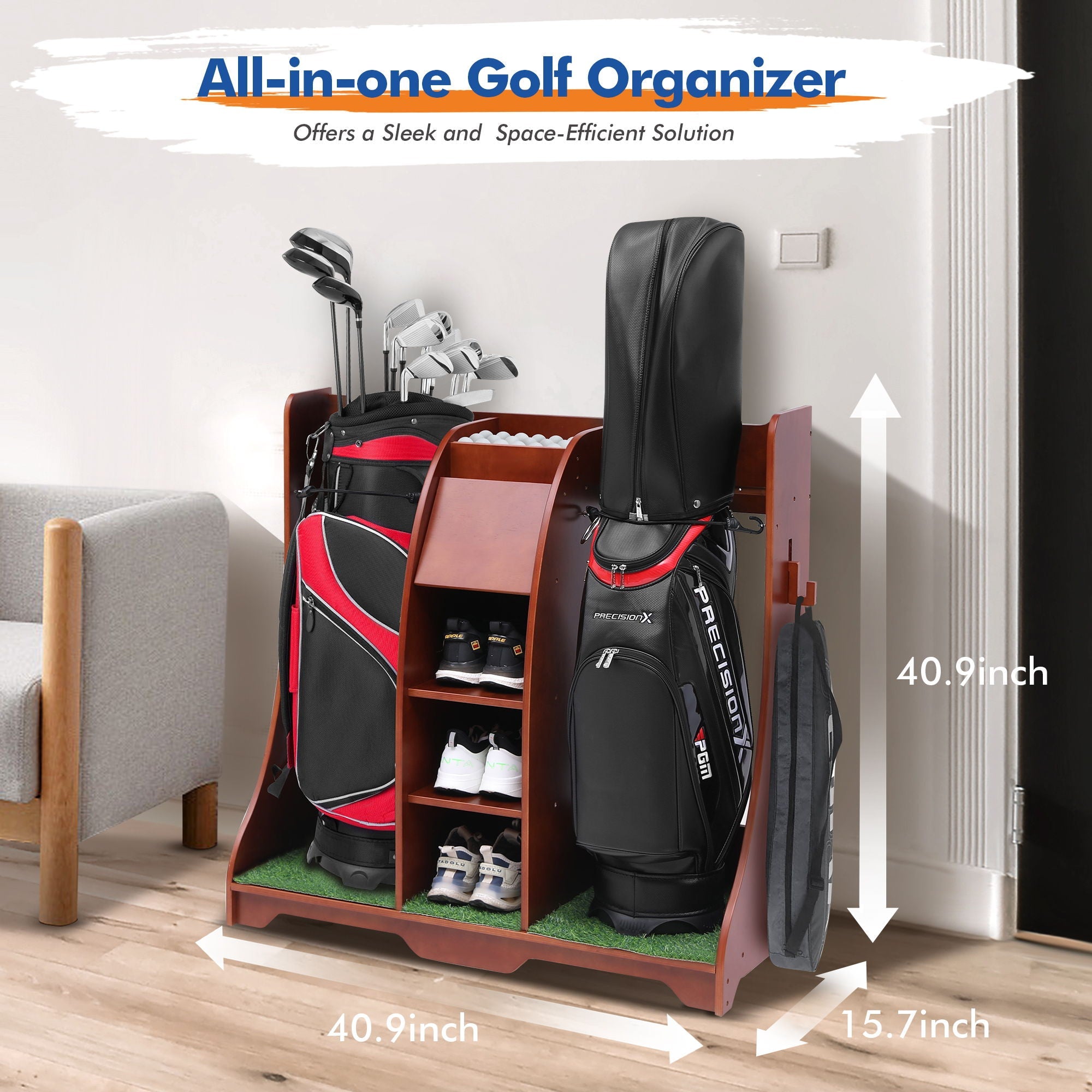 Wood Freestanding Adjustable Multi Use Golf Shelf - Reddish Brown by HouseOfZazla