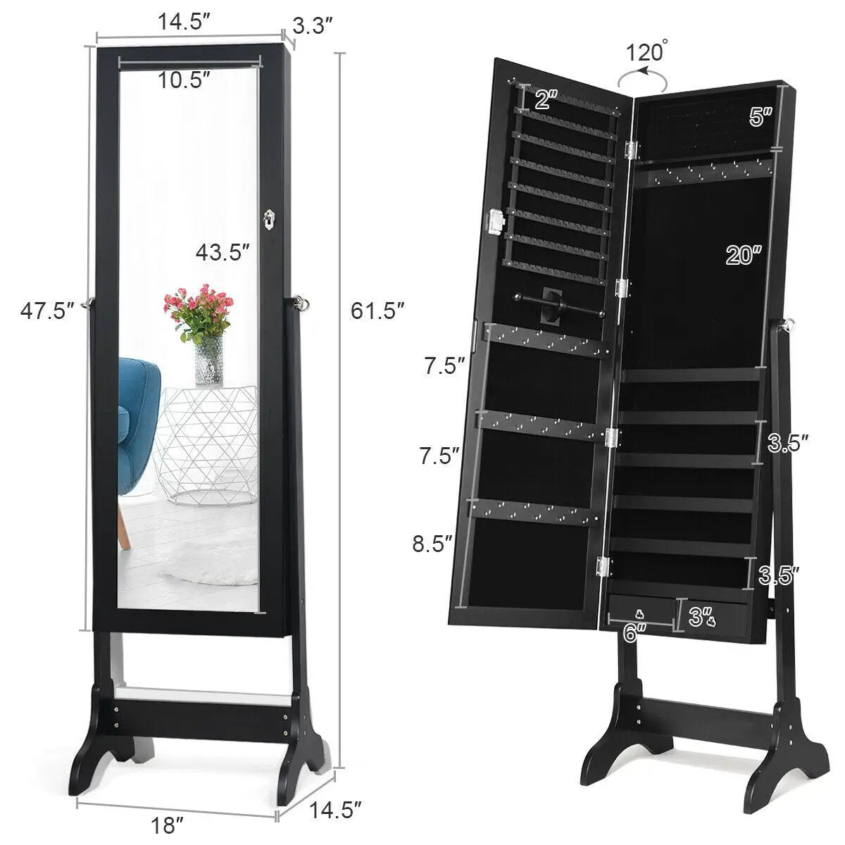 Lockable Mirrored Jewelry Cabinet Armoire Storage Organizer Box, photo 4 of 9