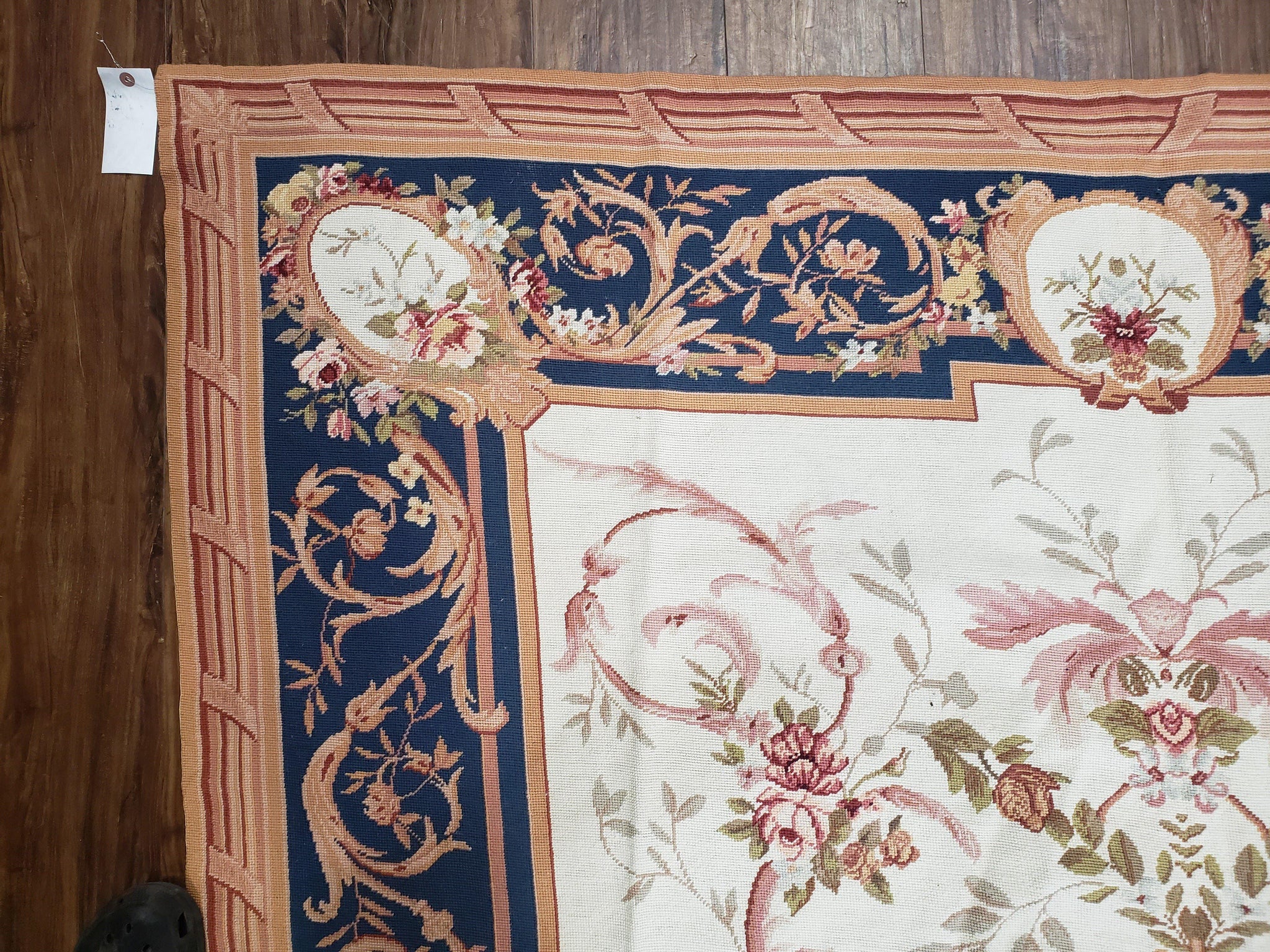 Chinese Aubusson Savonnerie Area Rug 6x8, Vintage Hand-Woven Needlepoint Rug, Flat Weave Handmade Wool Carpet Living Room Ivory & Navy Blue by Jewel Rugs