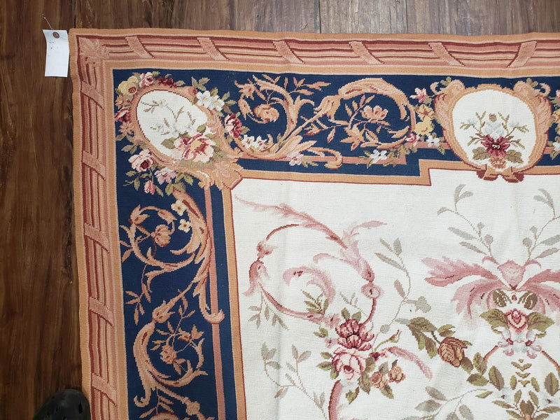 Chinese Aubusson Savonnerie Area Rug 6x8, Vintage Hand-Woven Needlepoint Rug, Flat Weave Handmade Wool Carpet Living Room Ivory & Navy Blue by Jewel Rugs