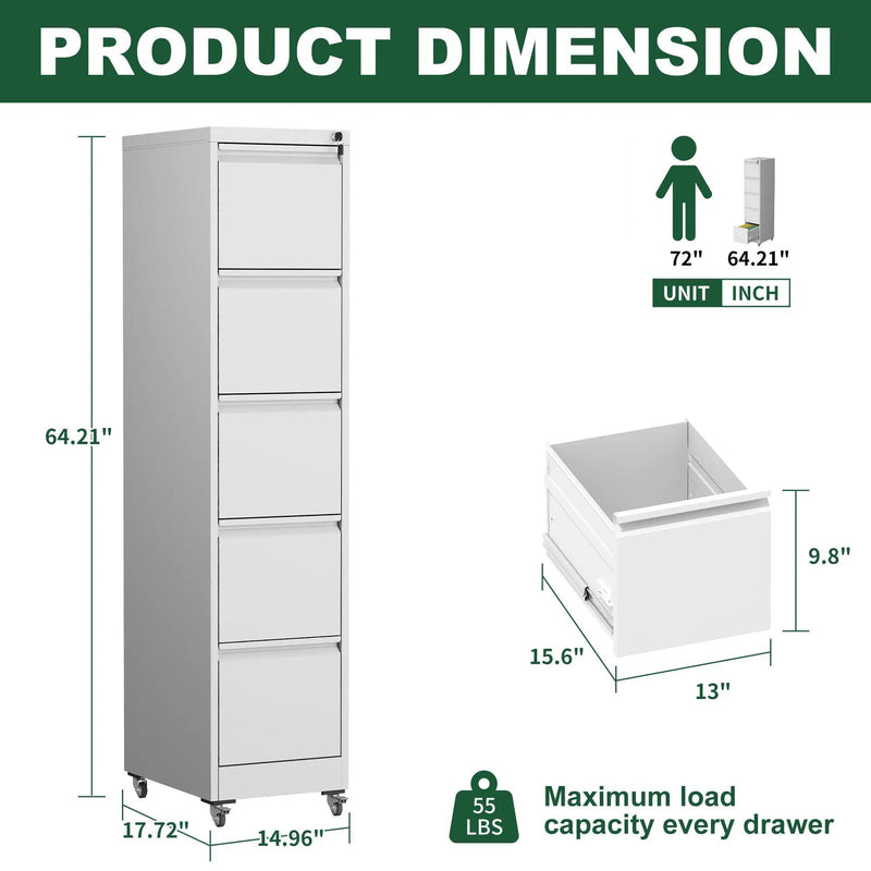 Drawer Metal Locking Vertical File Cabinet With Wheels Heavy Duty Lockable Storage by Unique Piece Furniture