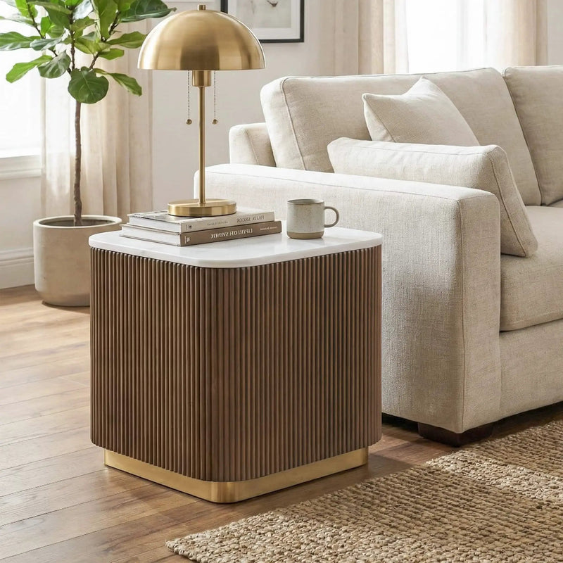 3 Piece Table Set (Rectangle Cocktail Table And Two Square End Tables) - Brown / Gold / White
