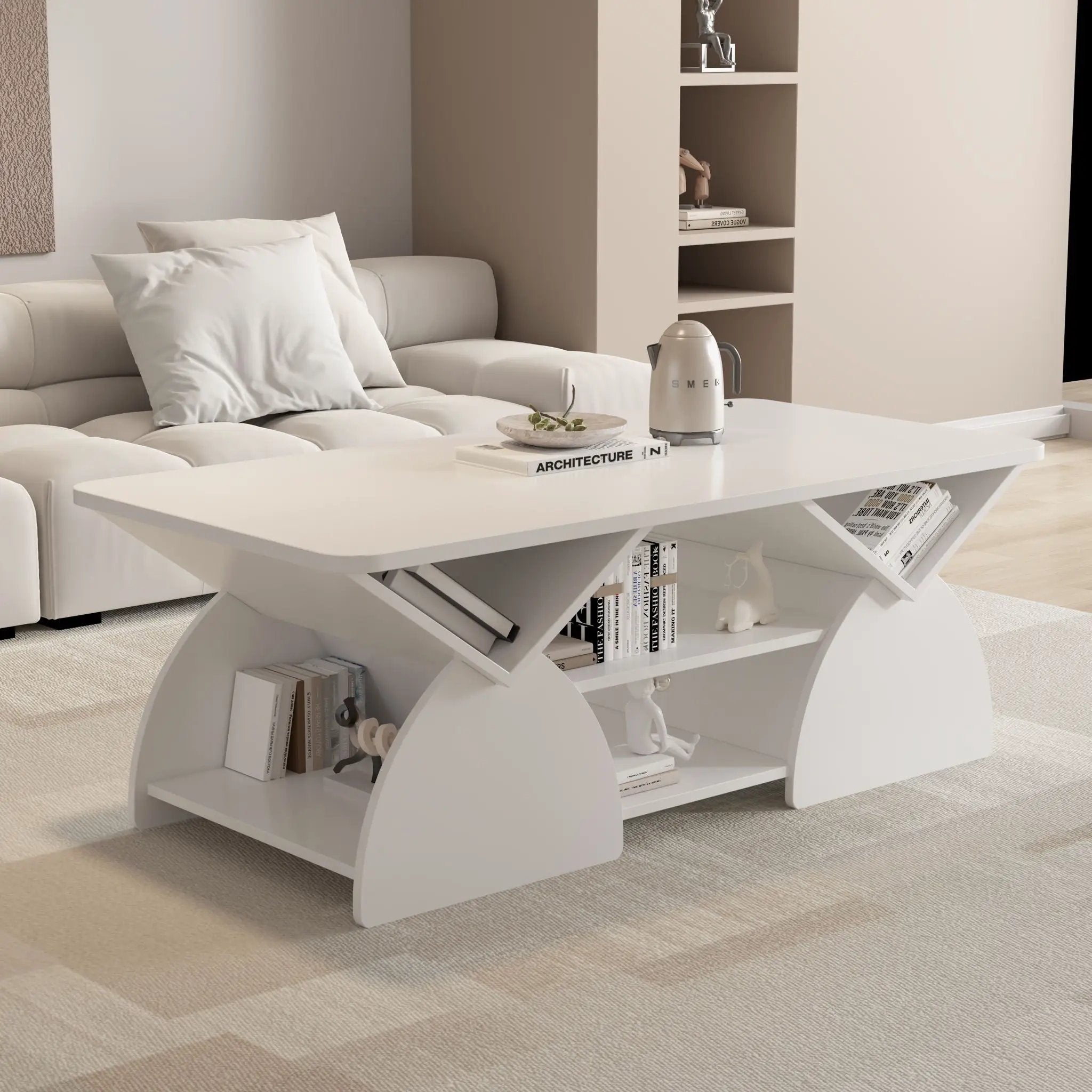 Geometric Engineered Coffee Table with Rounded Corners and Open Shelves by HouseOfZazla