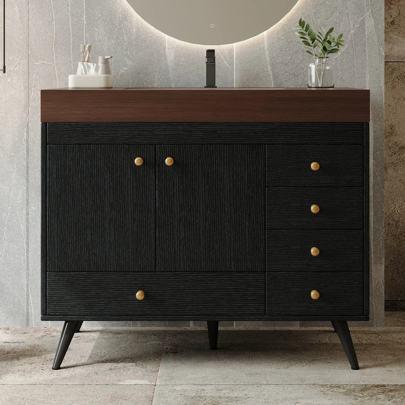 36" Freestanding Bathroom Vanity with Faux Marble Top, Ceramic Sink, 5 Drawers & Stainless Steel Legs by HouseOfZazla