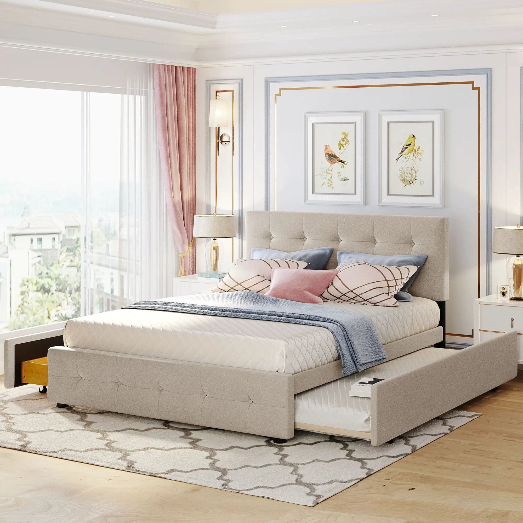 Upholstered Platform Bed with 2 Drawers and 1 Twin XL Trundle, Linen Fabric, Queen Size - Dark Beige(OLD SKU :LP100314AAA) by HouseOfZazla