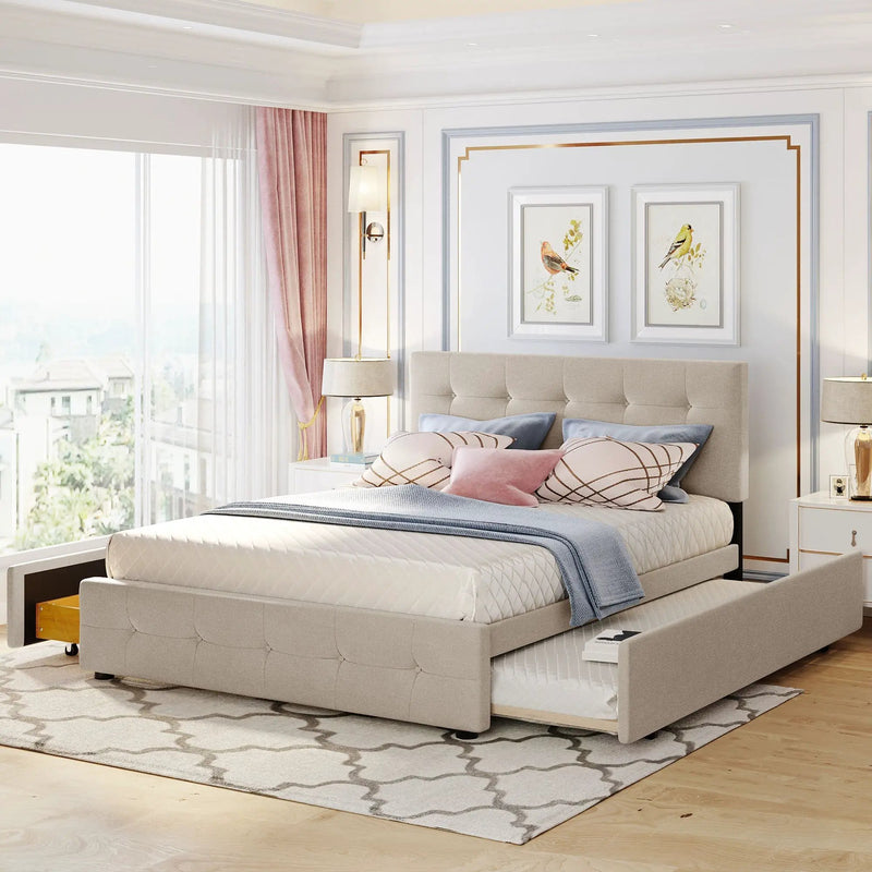 Upholstered Platform Bed with 2 Drawers and 1 Twin XL Trundle, Linen Fabric, Queen Size - Dark Beige(OLD SKU :LP100314AAA) by HouseOfZazla