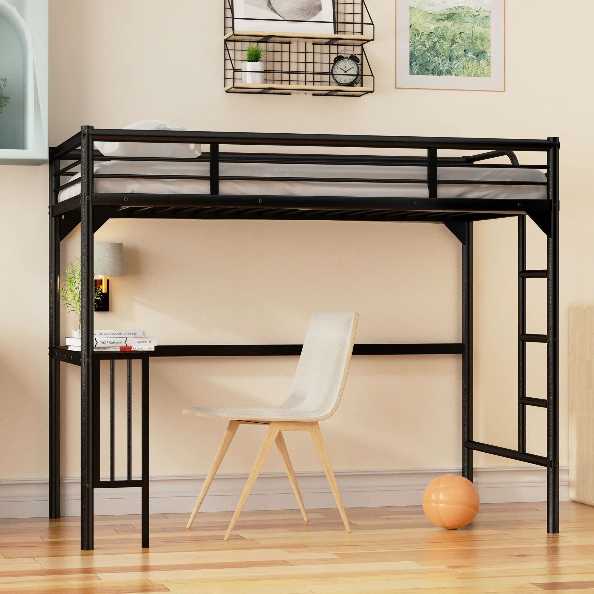 Twin Metal Loft Bed With Desk, Ladder And Guardrails, Bookdesk Under Bed - Black by Unique Piece Furniture