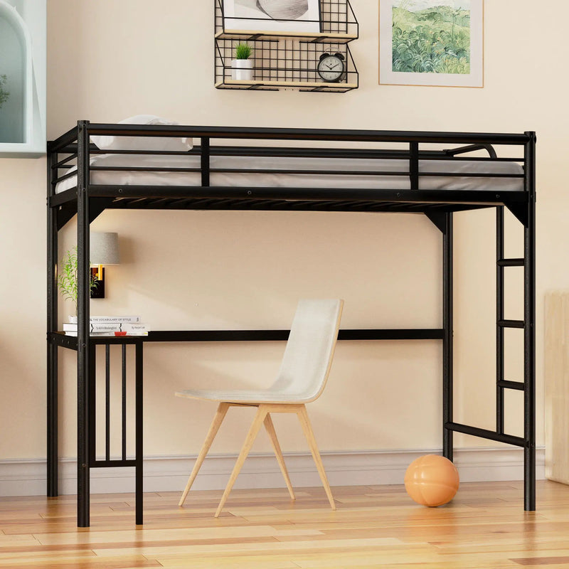 Twin Metal Loft Bed With Desk, Ladder And Guardrails, Bookdesk Under Bed - Black by HouseOfZazla