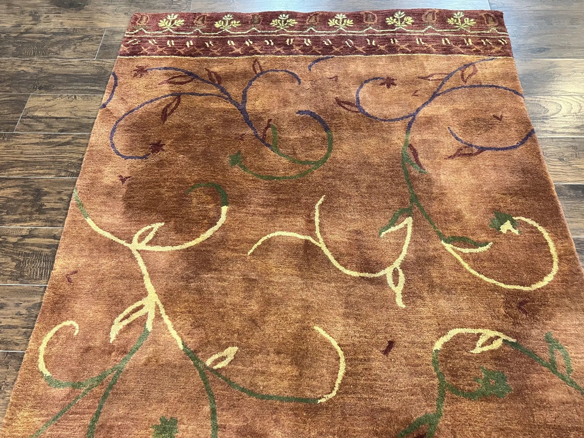 Pottery Barn Rug 5x8, Vintage Hand Tufted Carpet, Wool and Silk, Rust & Maroon by Jewel Rugs