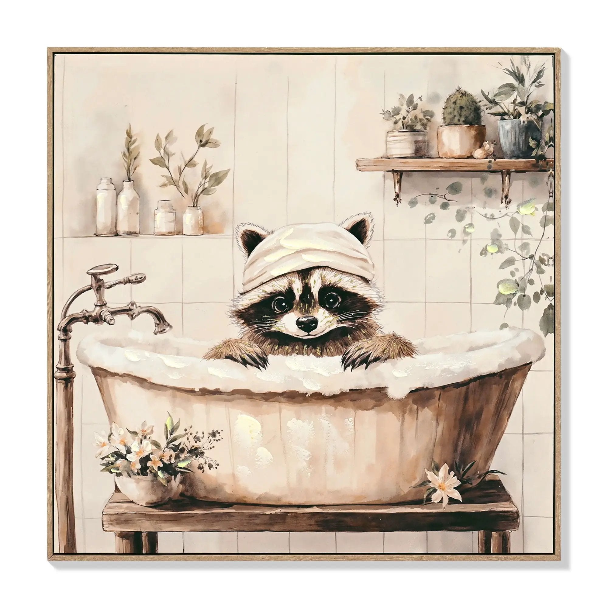 Raccoon Bathroom Canvas Wall Art, Funny Animal, Framed - Black / Ivory by Unique Piece Furniture