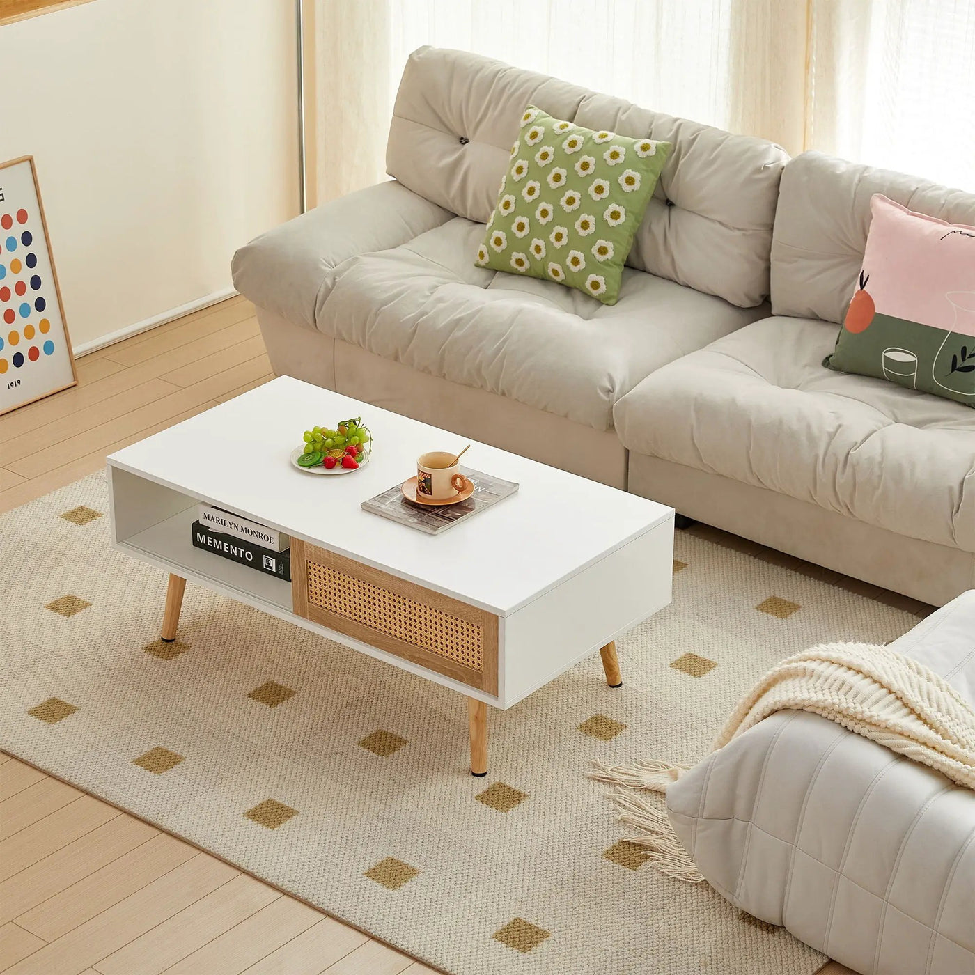 41.34" Rattan Coffee Table, Sliding Door For Storage, Solid Wood Legs, Modern Table For Living Room by Unique Piece Furniture