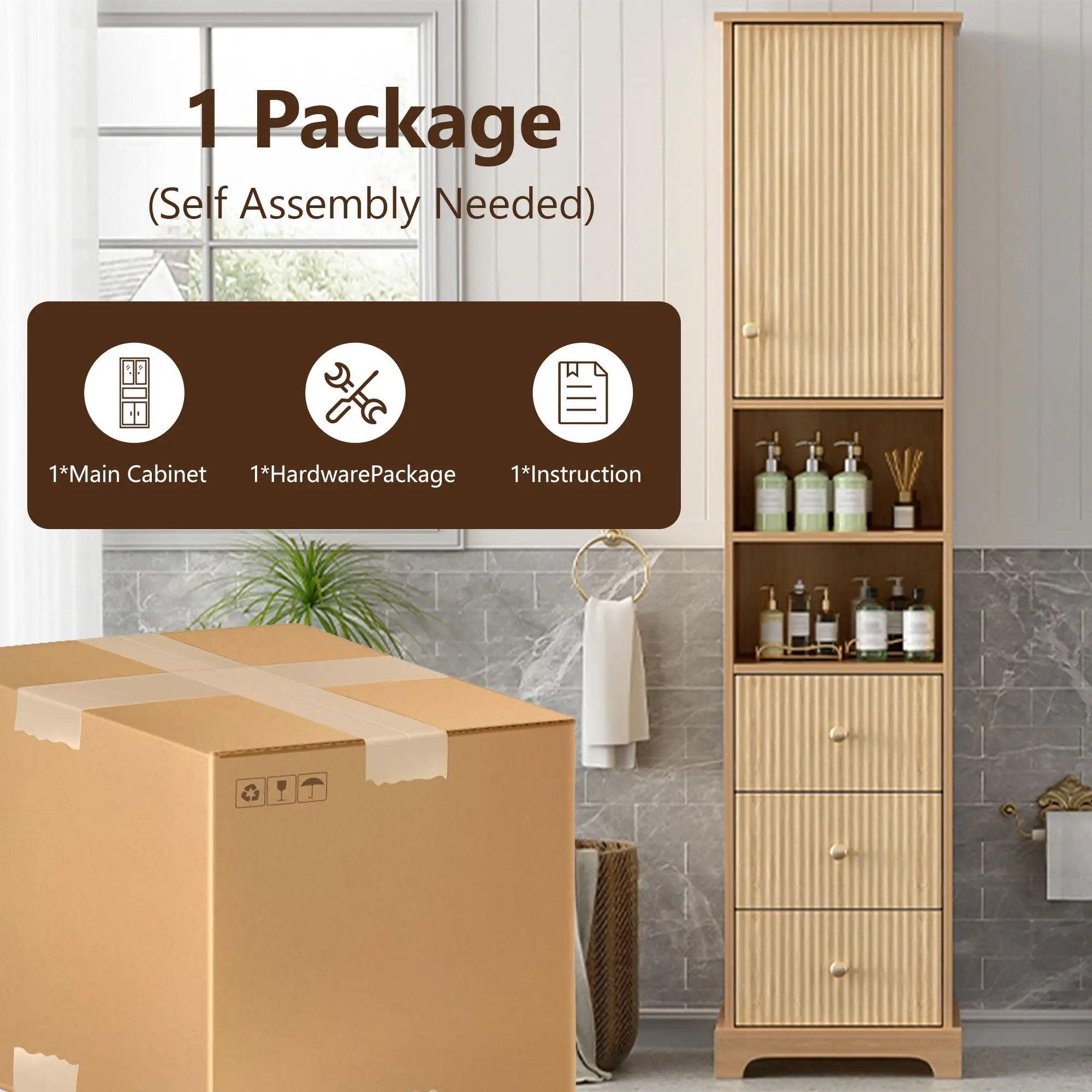 Tall Bathroom Cabinet With 1 Door, 3 Drawers, Open Storage - Wood by HouseOfZazla