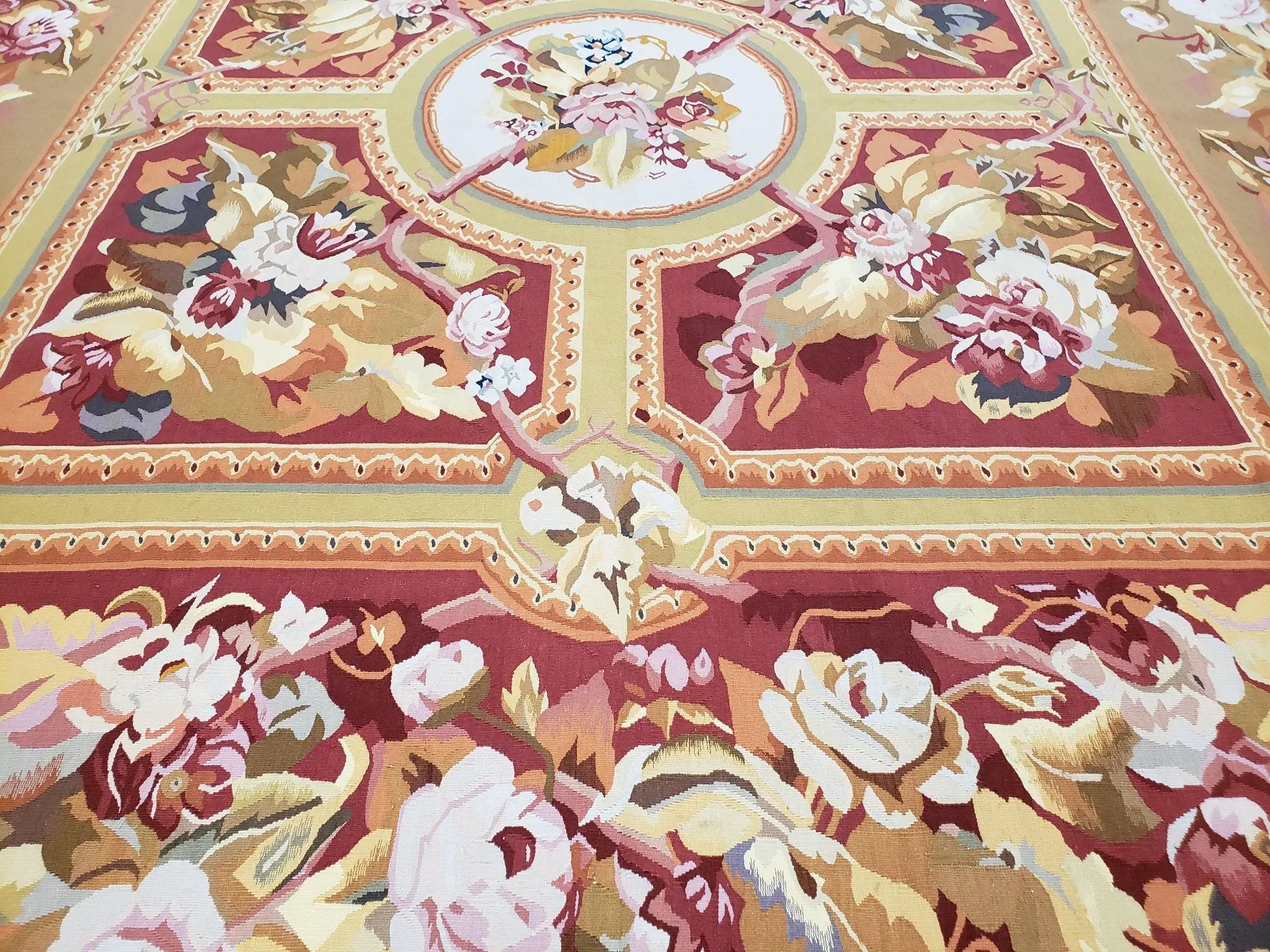 Vintage Chinese Aubusson Savonnerie Flat Pile Rug 9.9 x 14.5 Wool Handwoven Red & Khaki Large Flowers Rug 9x14 - 10x15 Michaelian Kolhberg by Jewel Rugs