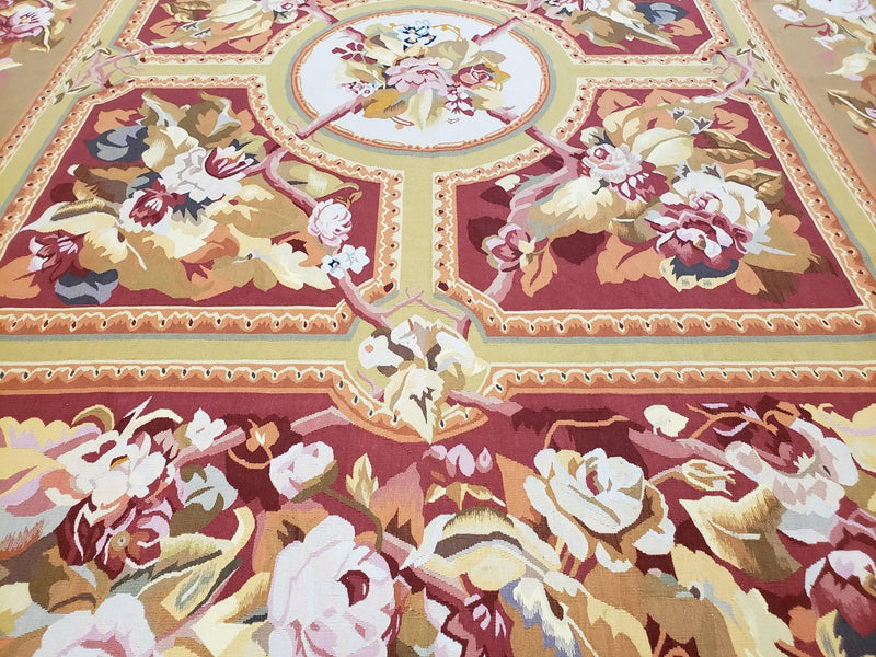 Vintage Chinese Aubusson Savonnerie Flat Pile Rug 9.9 x 14.5 Wool Handwoven Red & Khaki Large Flowers Rug 9x14 - 10x15 Michaelian Kolhberg by Jewel Rugs