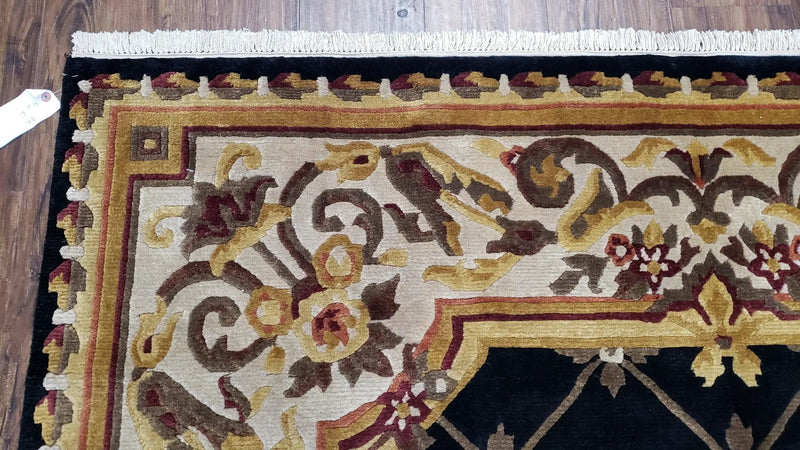 Nepal Rug 6x9, Nepalese Aubusson Area Rug 6 x 9, Hand-Knotted Wool Soft Pile Black & Beige Tibetan Aubusson New Carpet European Savonnerie by Jewel Rugs