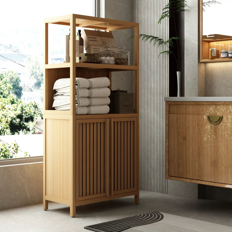 Neutral - Bamboo Storage Cabinet Freestanding With 2 Doors For Bathroom, Living Room, Kitchen, And Entryway - Neutral by HouseOfZazla