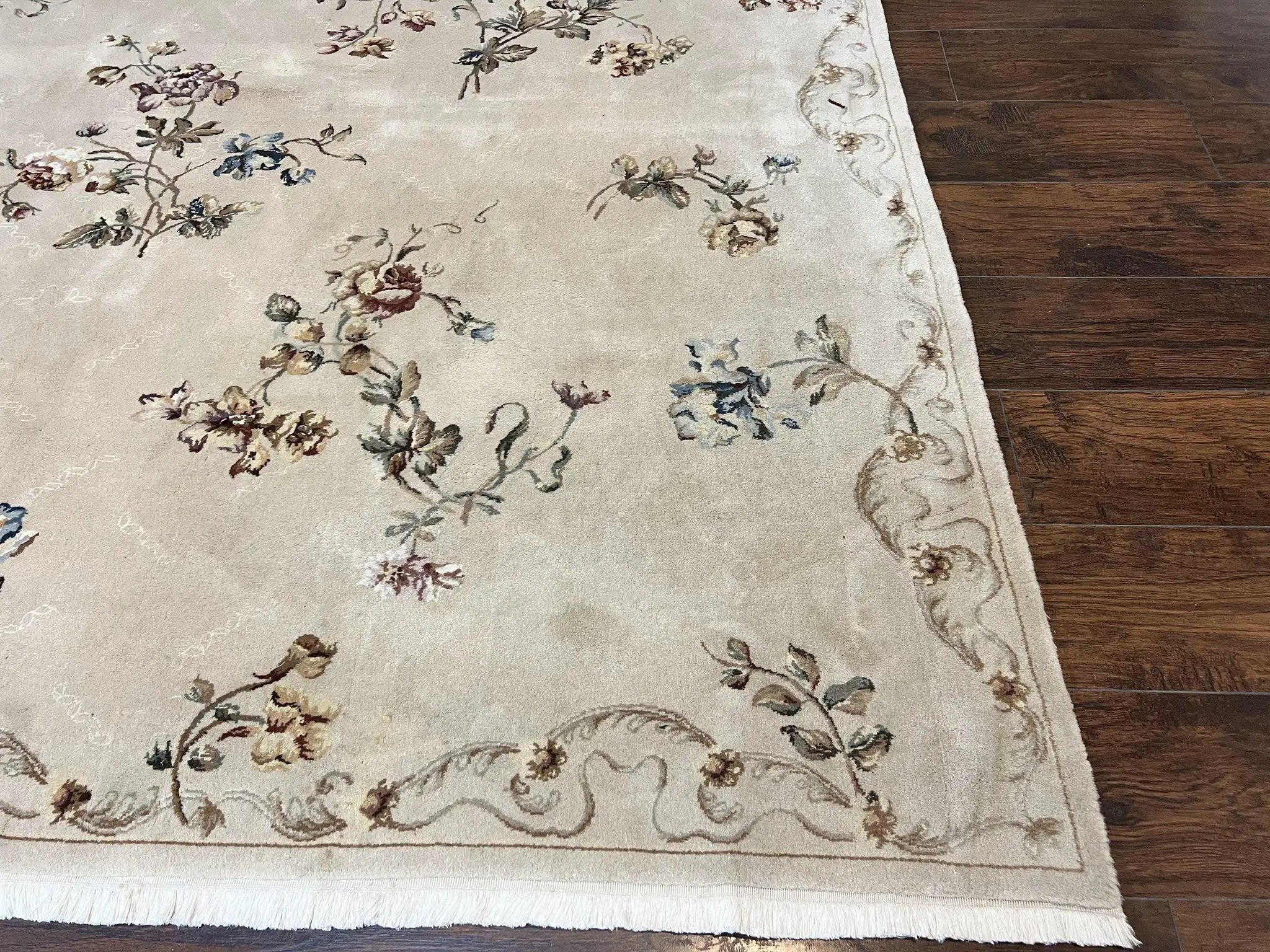 Chinese 120 Line Rug 8x10, Chinese Aubusson Wool & Silk Highlights Handmade Vintage Carpet, Beige Fine Weave Rug, Floral European Design by Jewel Rugs