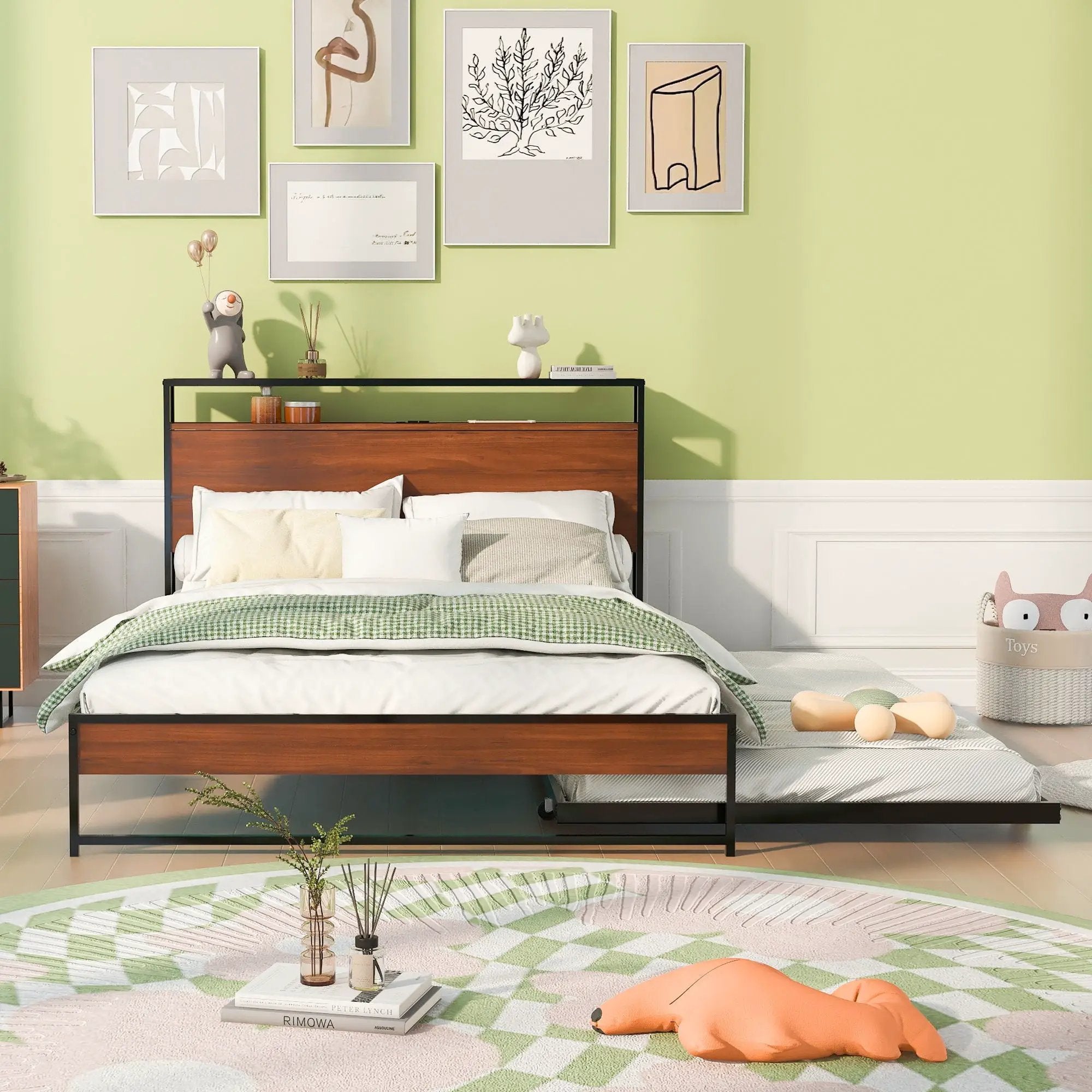 Platform Bed Frame With Trundle, USB Ports And Slat Support, No Box Spring Needed by HouseOfZazla