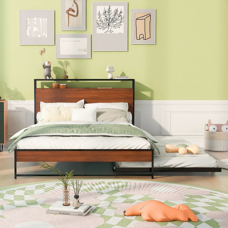 Platform Bed Frame With Trundle, USB Ports And Slat Support, No Box Spring Needed by HouseOfZazla