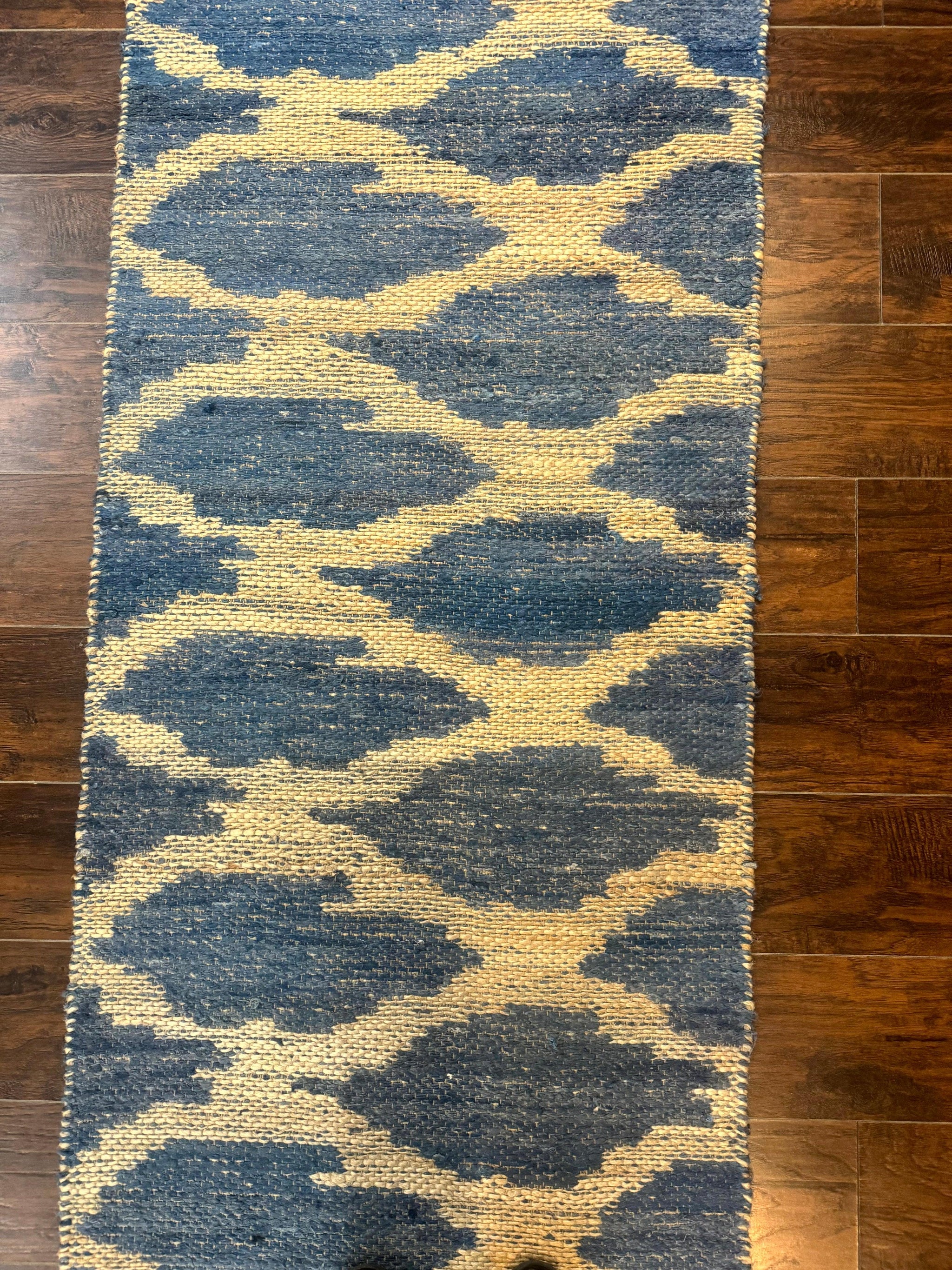 Modern Jute Runner Rug 2.9 x 7.9, Beige and Blue, Handwoven, Kaleen Rug by Jewel Rugs