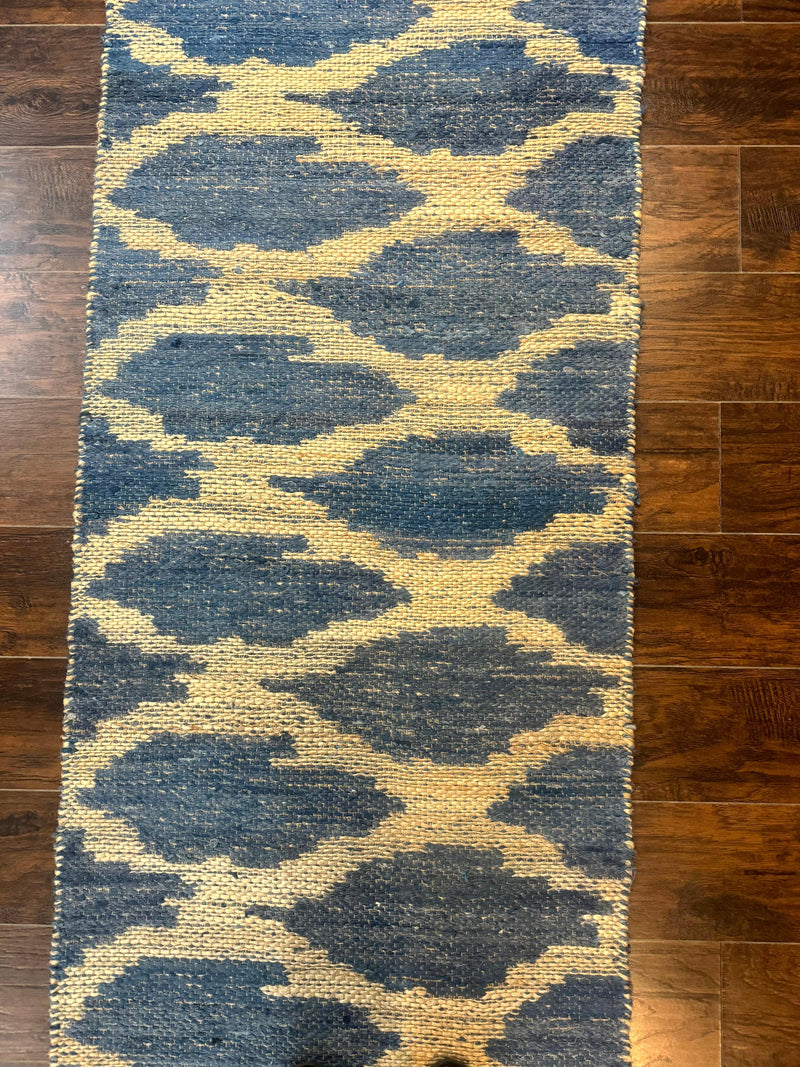 Modern Jute Runner Rug 2.9 x 7.9, Beige and Blue, Handwoven, Kaleen Rug by Jewel Rugs