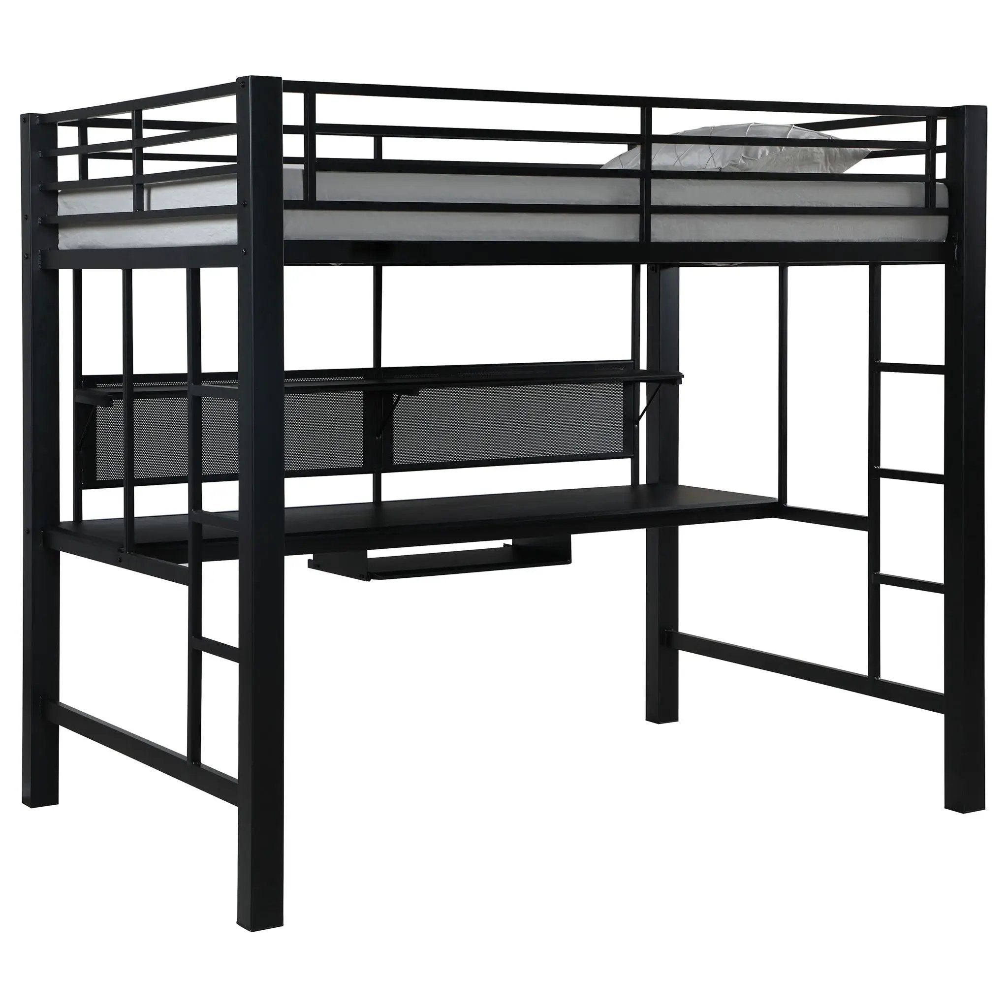Ranier - Full Workstation Loft Bed, Full Length Desk, Safety Rails And Storage Shelves - Black by HouseOfZazla